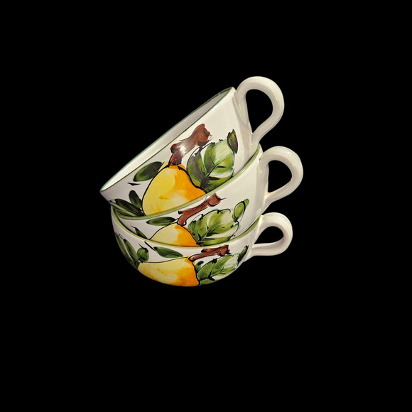 Set of 3 Hand Painted Lemon Cups Made in Italy Green Rim 3" Minor Rim Chips - Picture 4 of 6